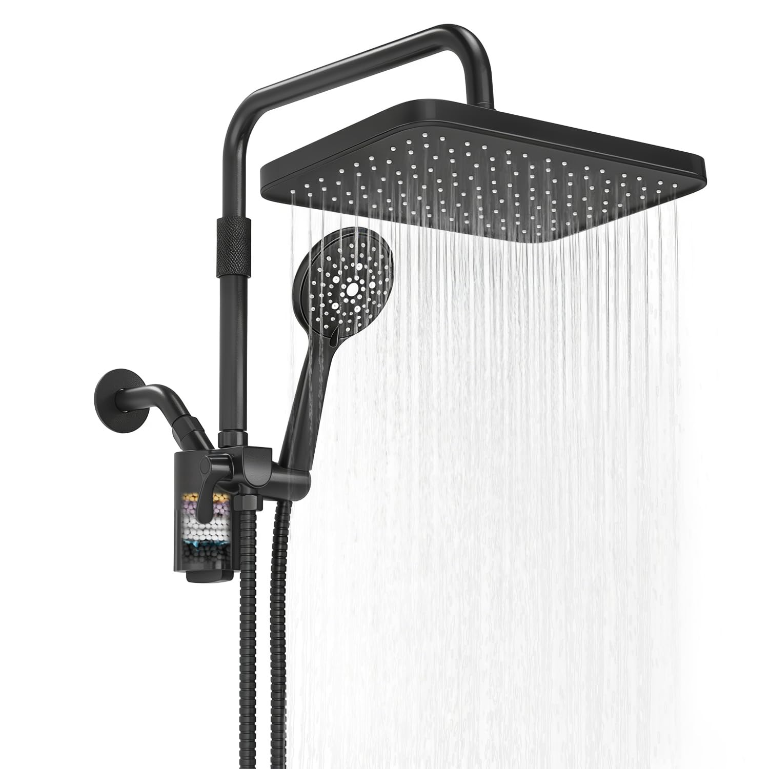Filtered Shower Head with Handheld,12 Inch High Pressure Rain Shower Head with Adjustable Extension Arm,Dual shower filter head for hard water,Tool-Free DIY Kit,Black