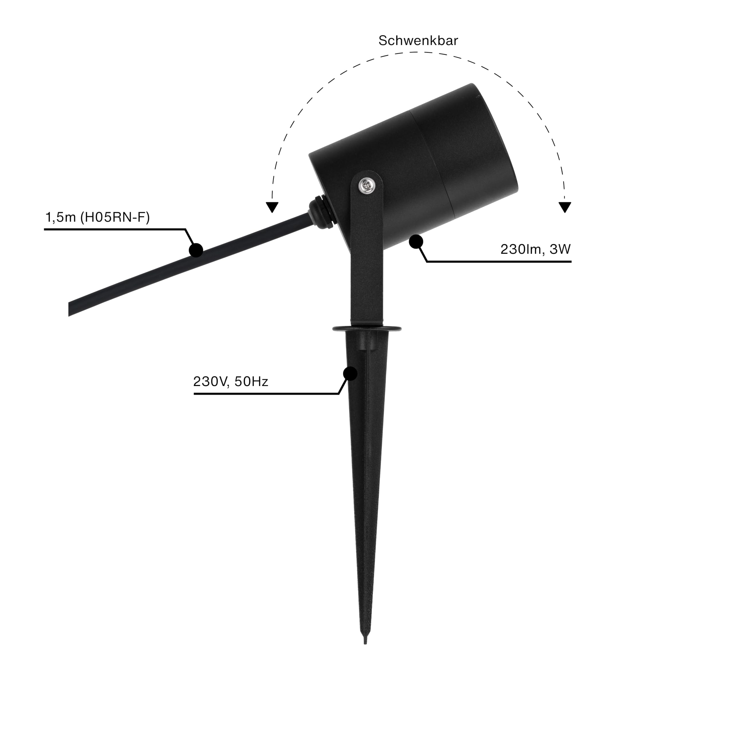 REV Gartenbeleuchtung SPARSET - 12x Wegeleuchte außen schwenkbar, Gehäuse IP65 aus Aluminium. 230lm, 3W. Kabel 1,5m, H:27cm, Schwarz L440