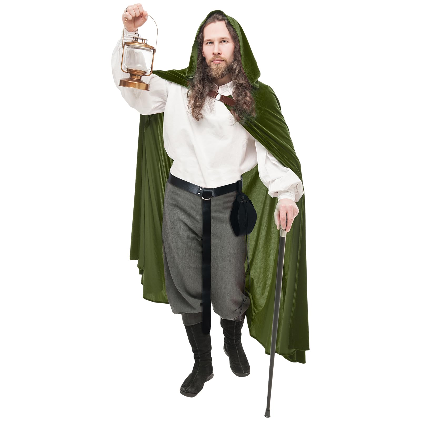 CNVAUIE Renaissance Snapback Hooded Coat Medieval Costumes Men's Witch Halloween Costumes Hooded Coat (Green Set) - Image 2