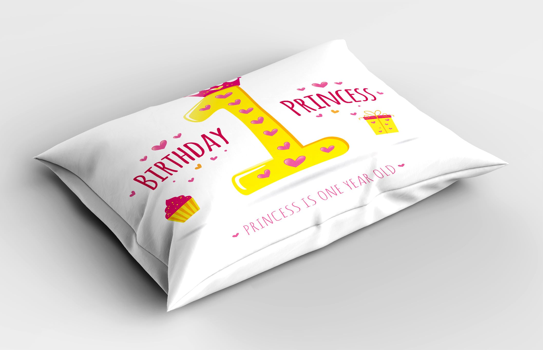 Ambesonne 1st Birthday Pillow Sham Set of 2, Words Design with Cartoon Girl Theme Party with Hearts Image, Quality Microfiber Bedding Item for All Seasons, 30