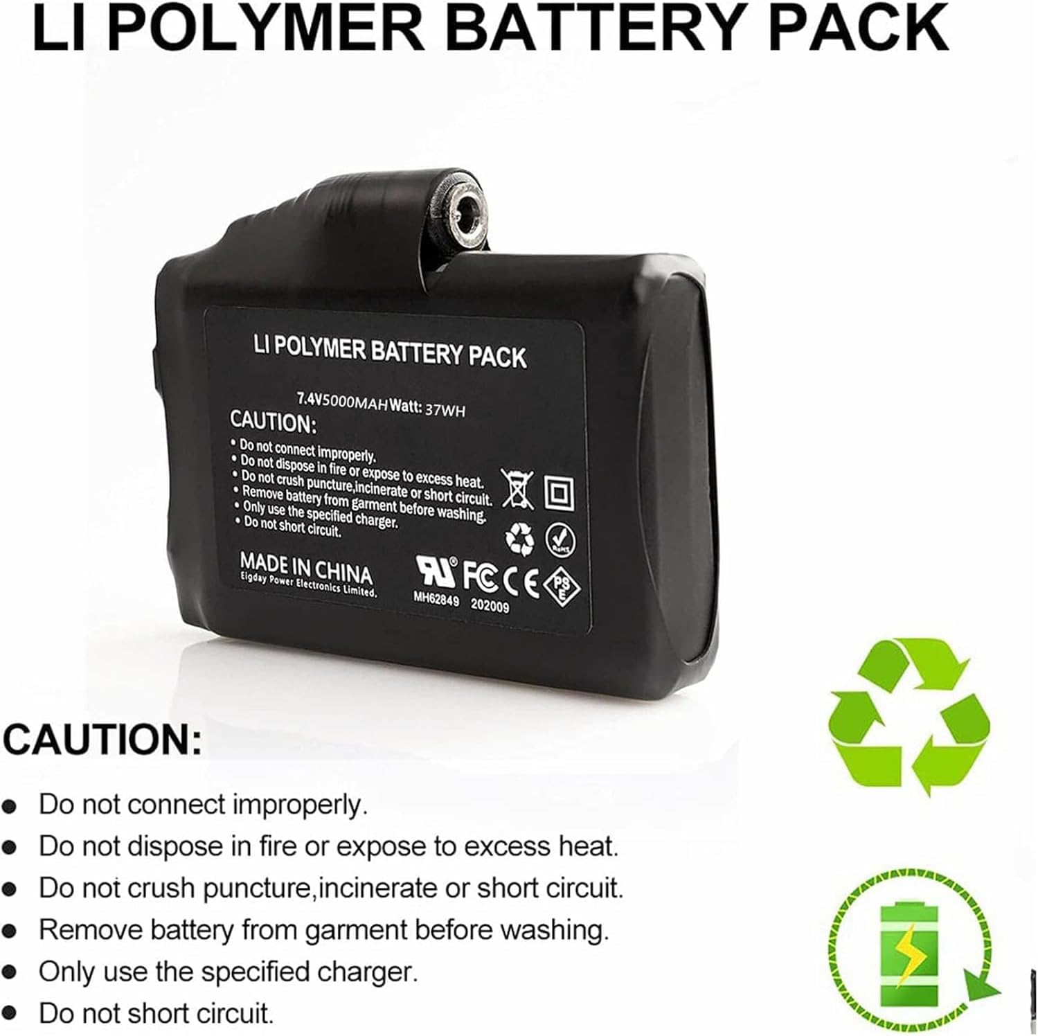 7.4V 5000mAh Li-Polymer Rechargeable Battery Pack, Replacement Set for Heated Gloves, Socks, Vest, Jacket, Hand Muff with Charger (7.4V 5000mAh) - Image 5