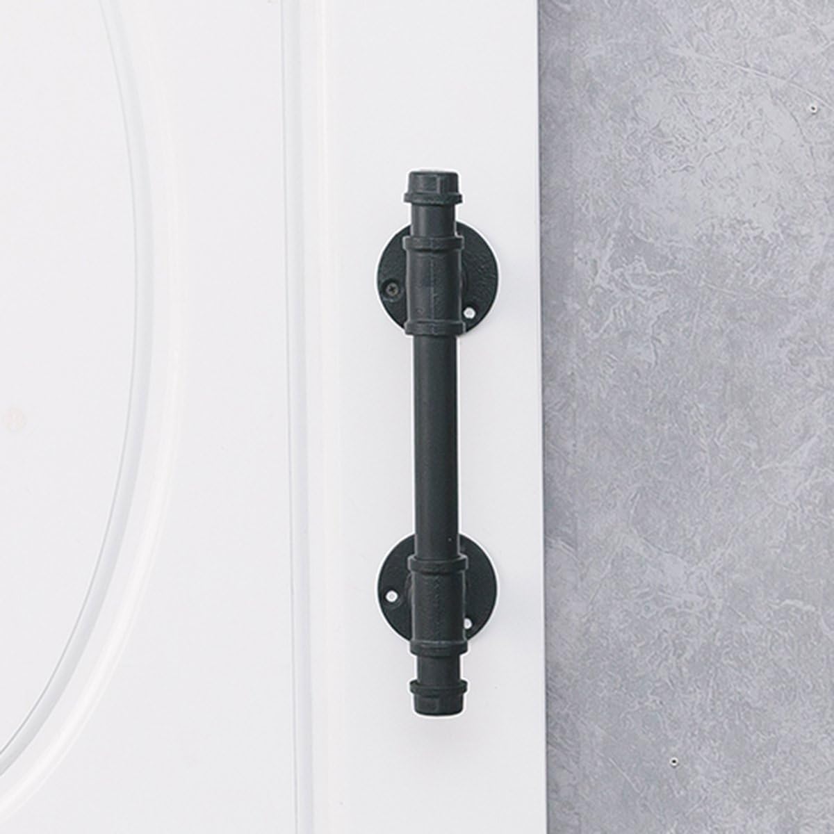 MBQQ Industrial Pipe Barn Door Handles and Pulls,Antique Front/Exterior/Interior Door Cabinet Handle,Rustic Gate Handles Cast Iron Grab Bar 12in Black(2pcs)