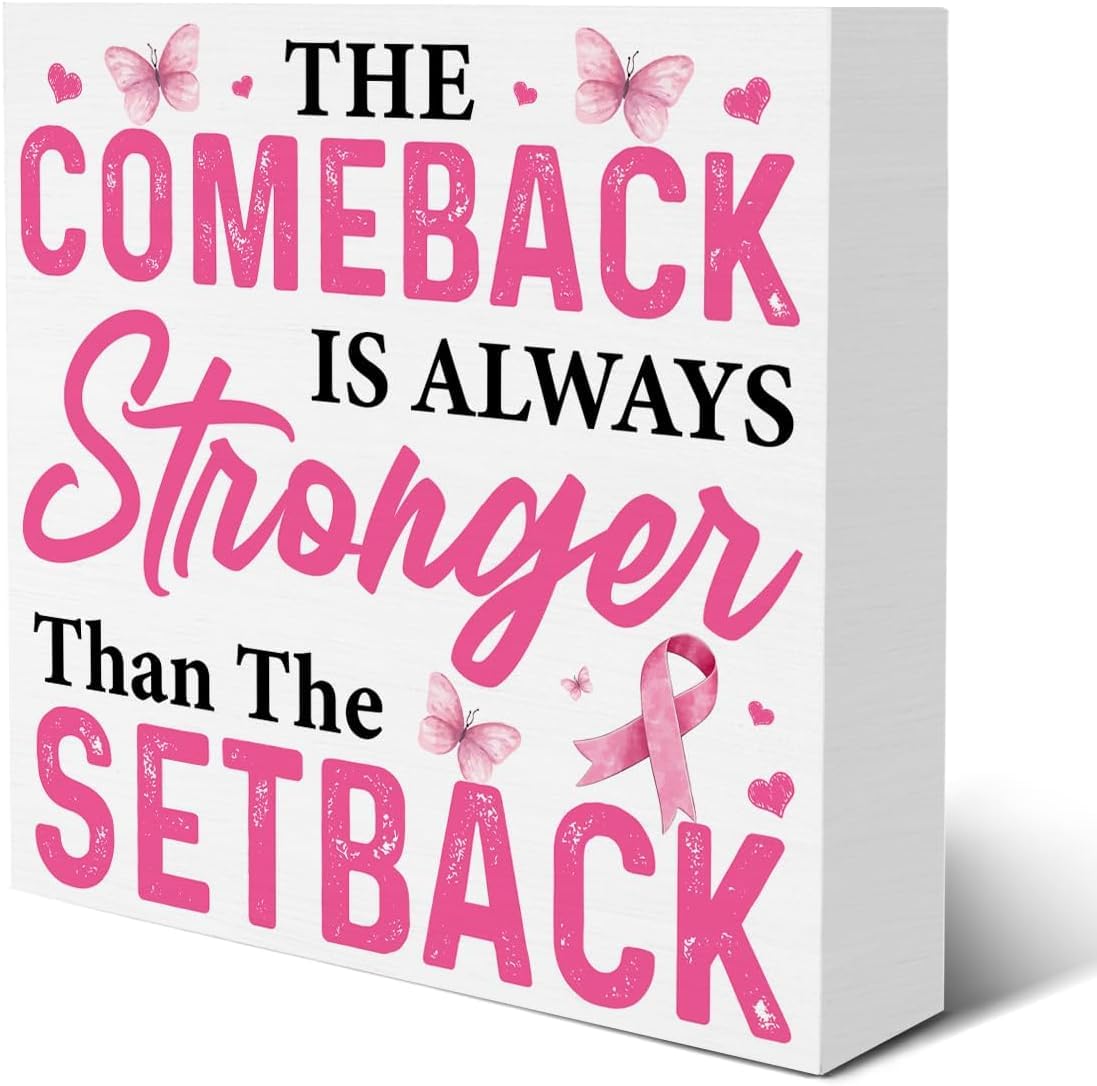 Pink Ribbon Breast Cancer Box Sign 5x5 Inch Inspirational Decor