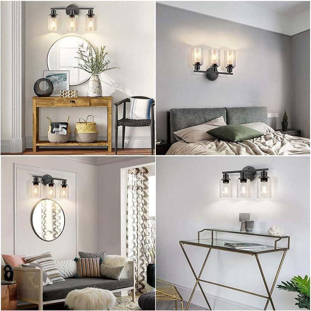 3 Flammig Wandlampe Glas Schirm Schwarz Badezimmerleuchte Retro Industriell Wandleuchte Innen Wasserdicht Spiegellampe Indoor Vintage Wandbeleuchtung E27 für Wohnzimmer Schlafzimmer