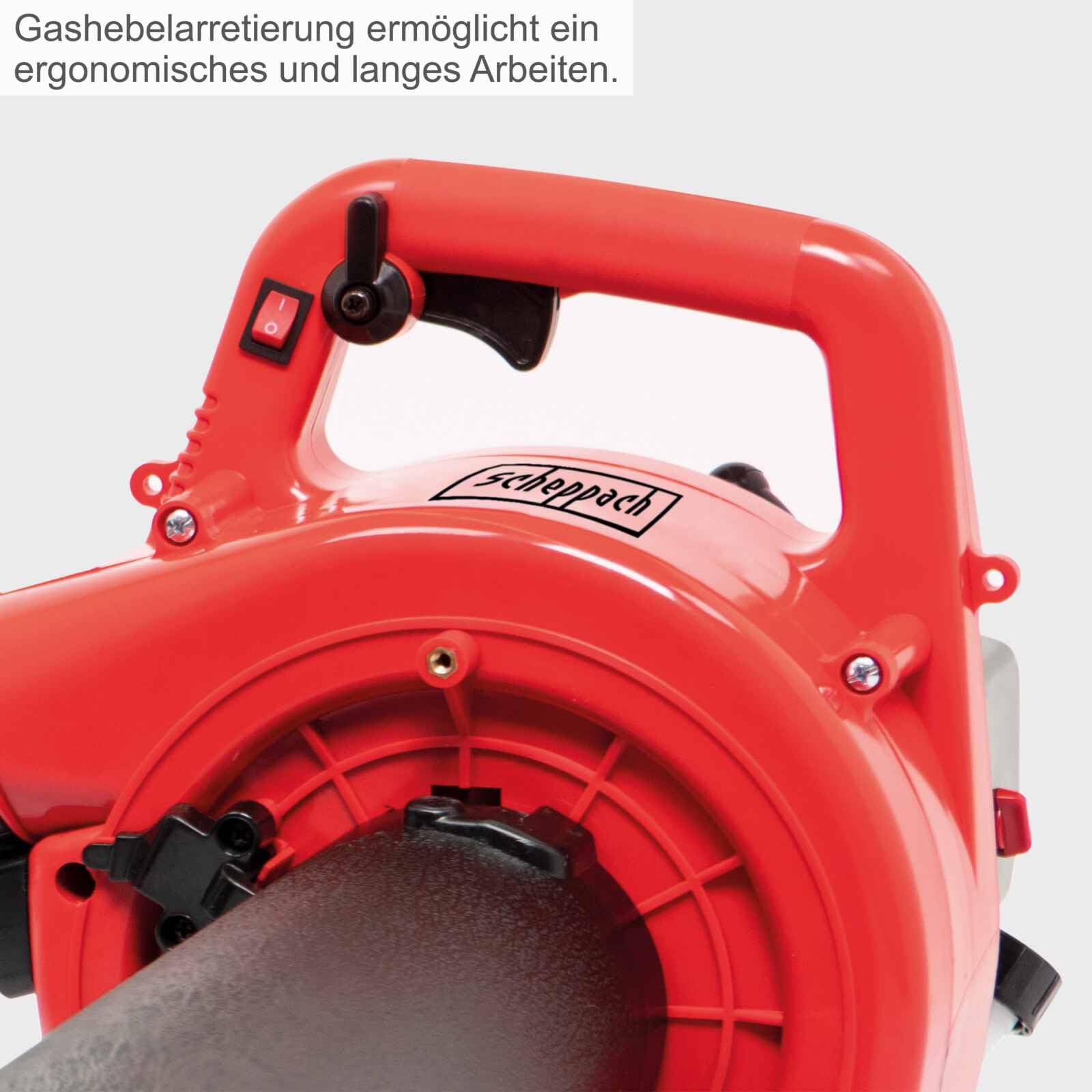 Scheppach Benzin Laubbläser LBH2600P Laubsauger mit Häckselfunktion | 2-Takt Motor / 1PS | Luftgeschwindigkeit 268 km/h | Luftleistung 678m³/h | Easy-Start, großer 50L Fangsack & verschiedene Aufsätze | 2-Takt Benzinmotor 25,4 cm³ | Luftgeschwindigkeit 26