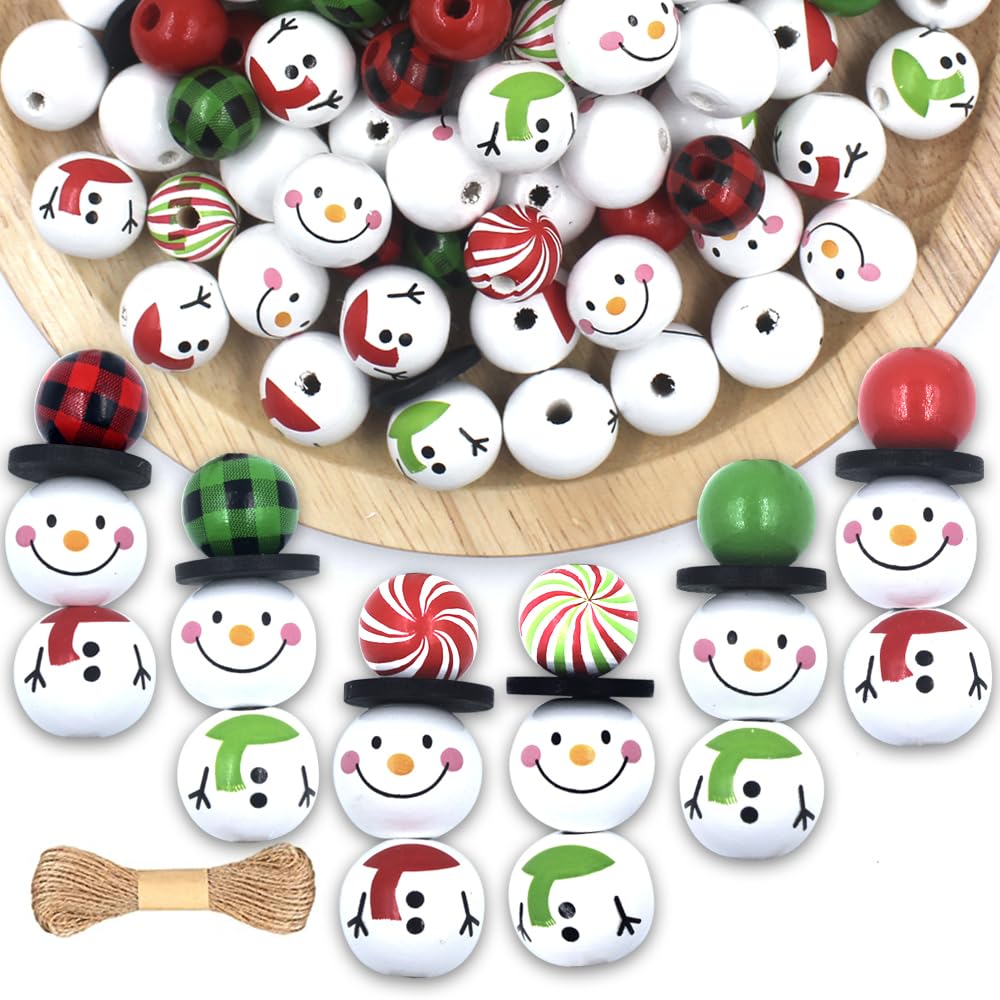 120 PCS Snowmen Wooden Beads, Christmas Wood Beads with Twine Scarf, Colorful Green Red Buffalo Plaid Winter Wooden Round Bead for DIY Crafts Christmas Party Farmhouse Decoration