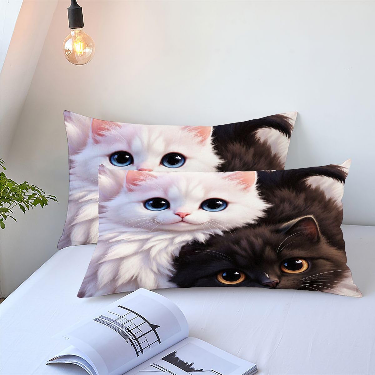 Ensemble Lit Complet 160x200 cm Chat Noir et Blanc, Housse en Microfibre Imprimée et Duvet Coton 4 Saisons, Comprend 2 Taies, Excellence et Qualité Supérieure, Chaud et Respirant N126