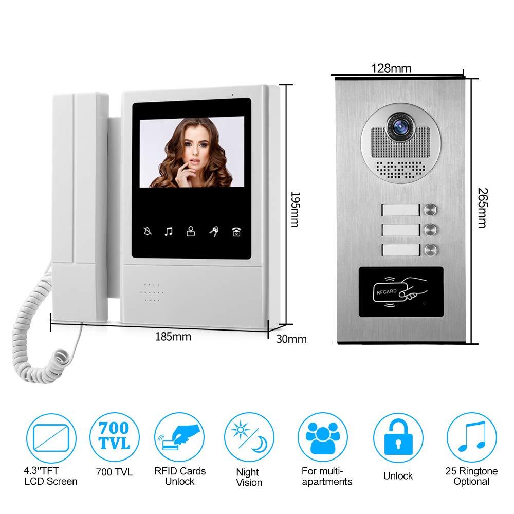 Kit de Sistema de Intercomunicación con Video de 4.3 ", Timbre de la Cámara de Acceso RFID + 3 Monitores Interiores para 3 Apartamentos/Hogar