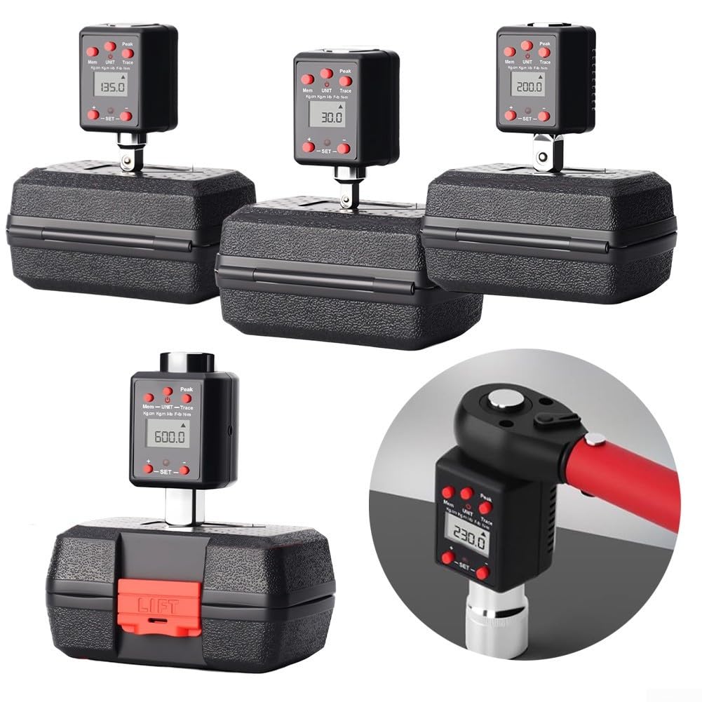 Digitaler Drehmomentschlüssel-Adapter, 1/4, 3/8, 1/2, 3/4 Zoll, robustes Metall, wandelt Ratschenschlüssel in Drehmomentwerkzeug um, 0,3–35 Nm, 1,3–135 Nm, 2–200 Nm, 6–600 N (6,35 mm)