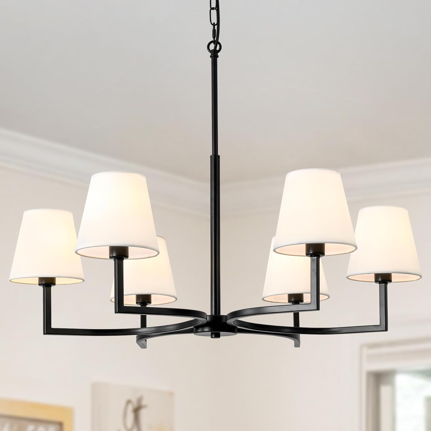 30" Black Chandelier for Dining Room, 6-Light Modern Farmhouse Chandelier with Fabric Shade, Hanging Light Fixture for Dining Room Kitchen Island Living Room Entryway Foyer Hallway