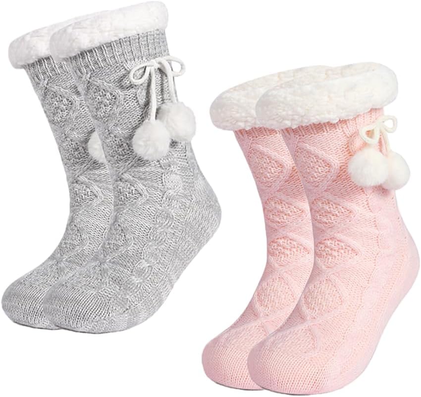 LEMZONE Women's Warm Cozy Slipper Socks Fuzzy Fleece-lined Cabin Socks with Grippers Christmas Gifts (2 Pair Pack)