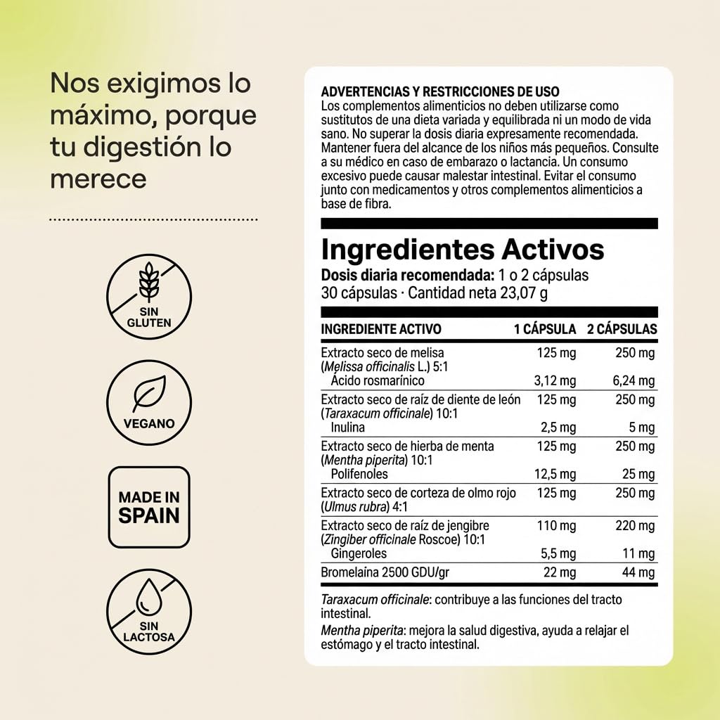 afrodite DESHINCHADA Suplemento Digestivo para Gases e Hinchazón Abdominal, con Bromelaína, Jengibre, Menta Piperita y Diente de León, 30 Cápsulas Vegetales