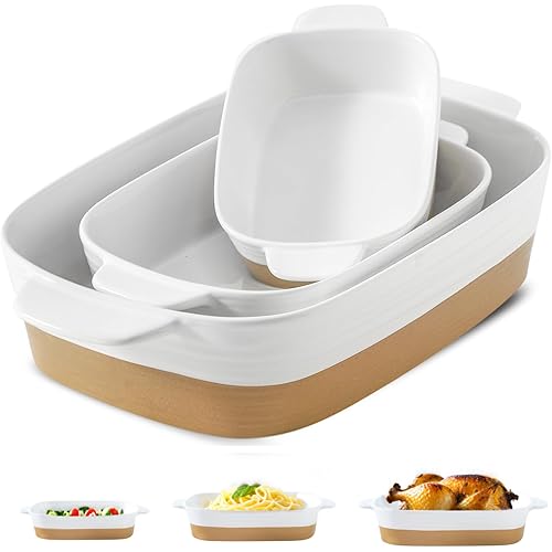 Hasense Casserole Dishes for Oven, Ceramic Baking Dishes with Handles for Casserole, Lasagna and Cooking, Large Stoneware Bakeware Set of 3, Wedding Christmas Gift, White(15.2"/11.3"/8.5")