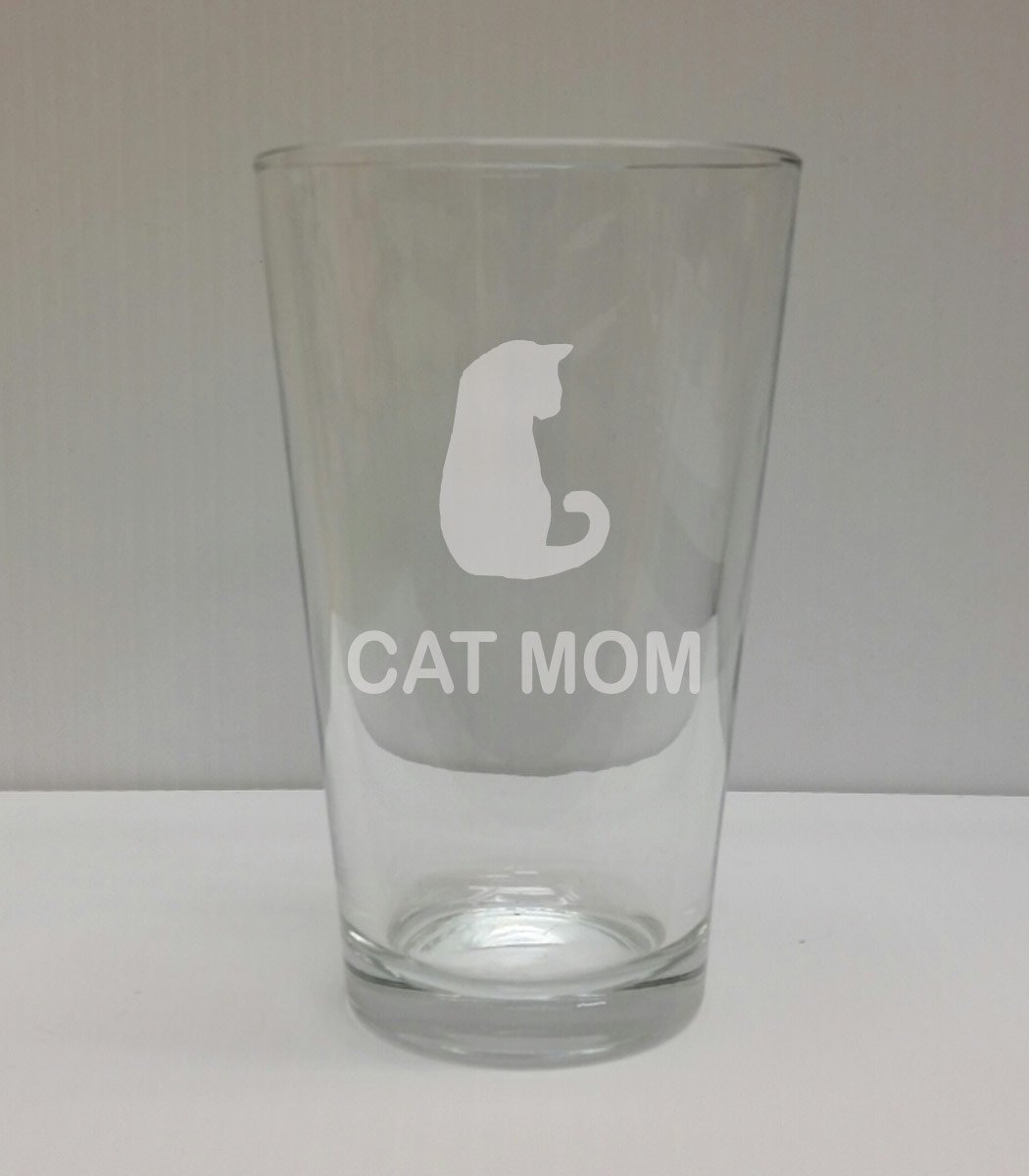 Cat Mom Cat Lover Pint Glass - Hand Etched - Made in the USA, Great for gifts