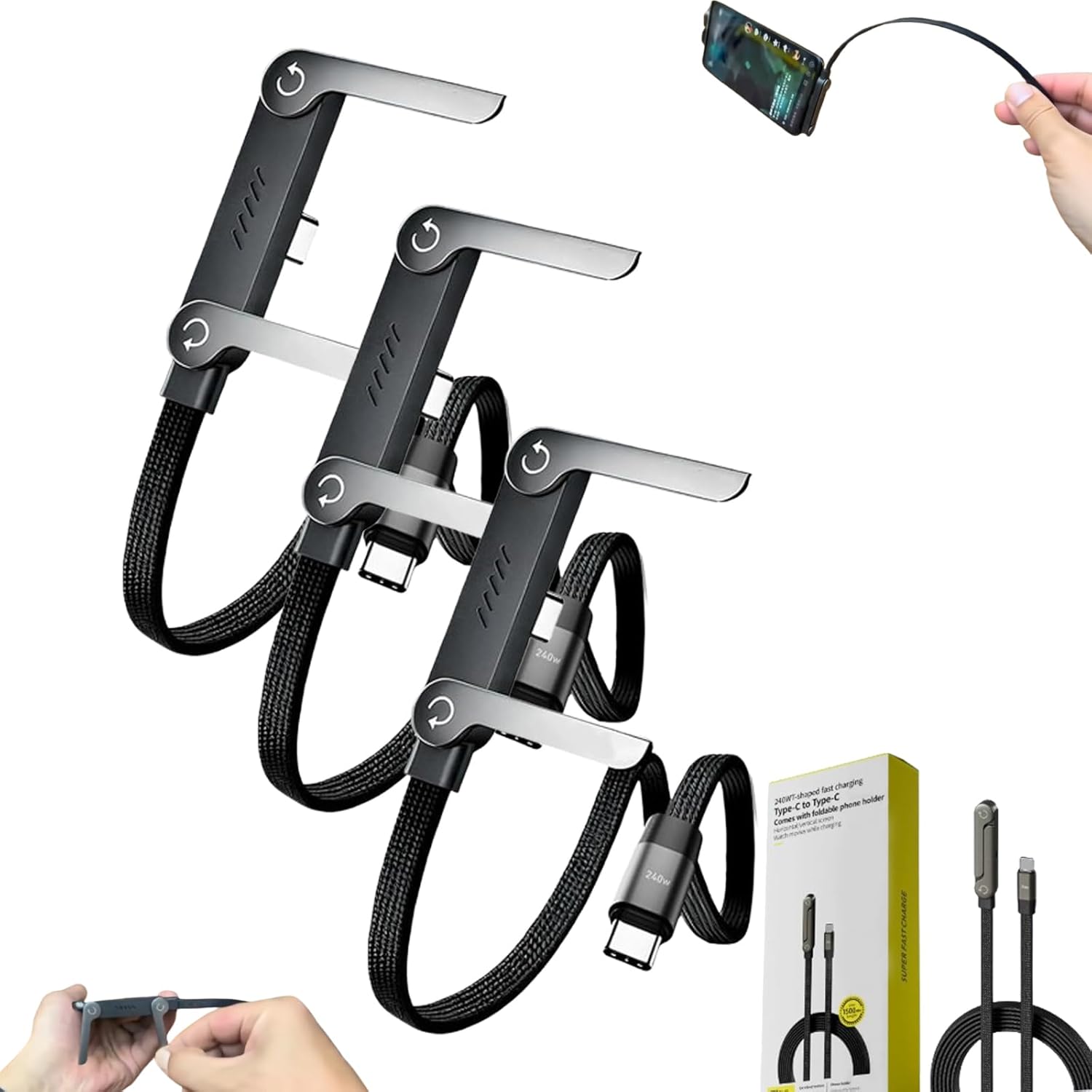 Invisible Stand Charging Cable,2-in-1 Stand Charging Cable,2-in-1 Invisible Holder Charger Cable with Stand - 240W Fast Charging Cord with Built-in Phone Stand,C to C Cable,for Desk & Gaming (3PCS)