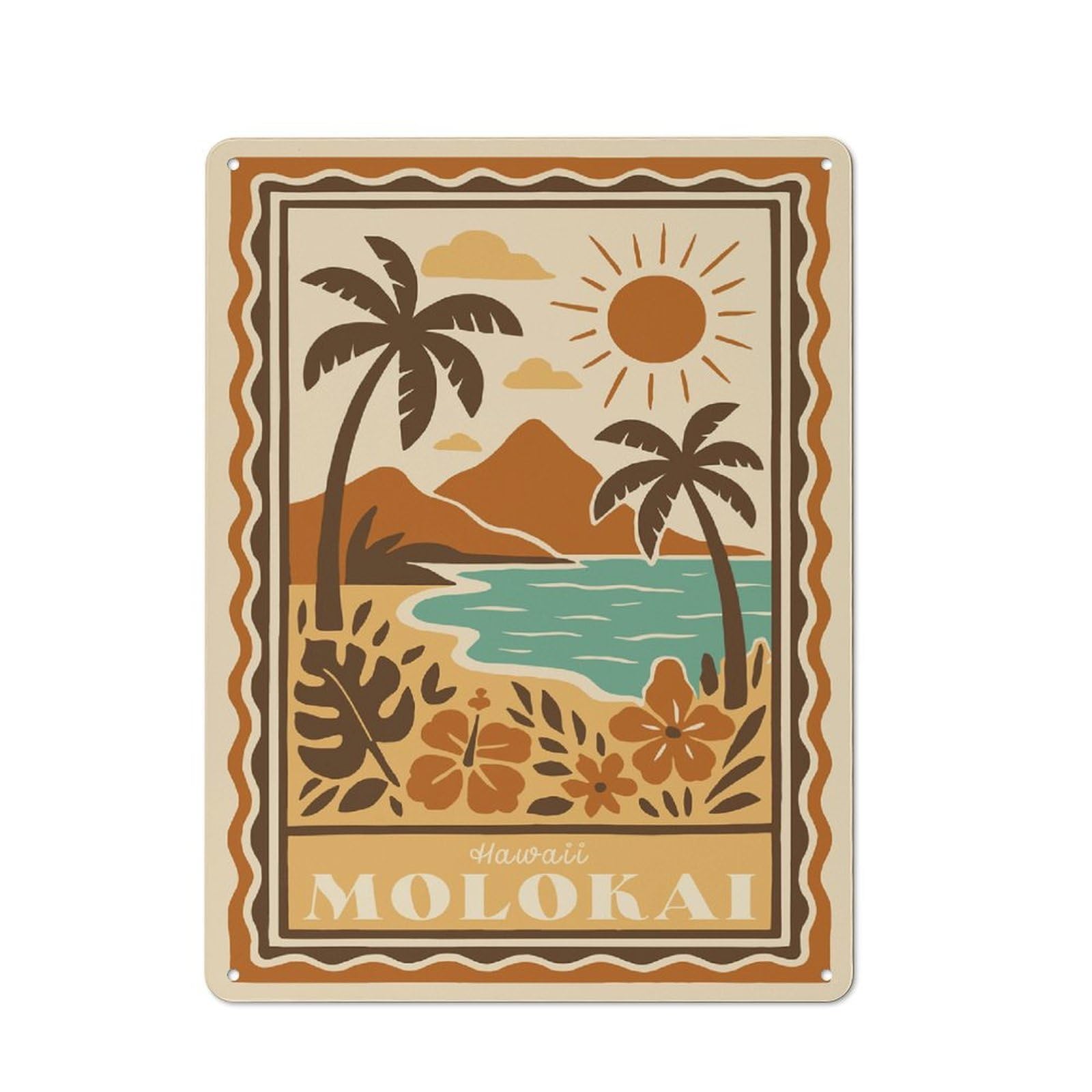 Junmoney Style-7 Metal Plaque With Hawaii Molokai Tropical Beach Scene Design 40X30cm, Rustic Cafe Wall Decor For Restaurant, Kitchen, Counter Or Breakfast Nook