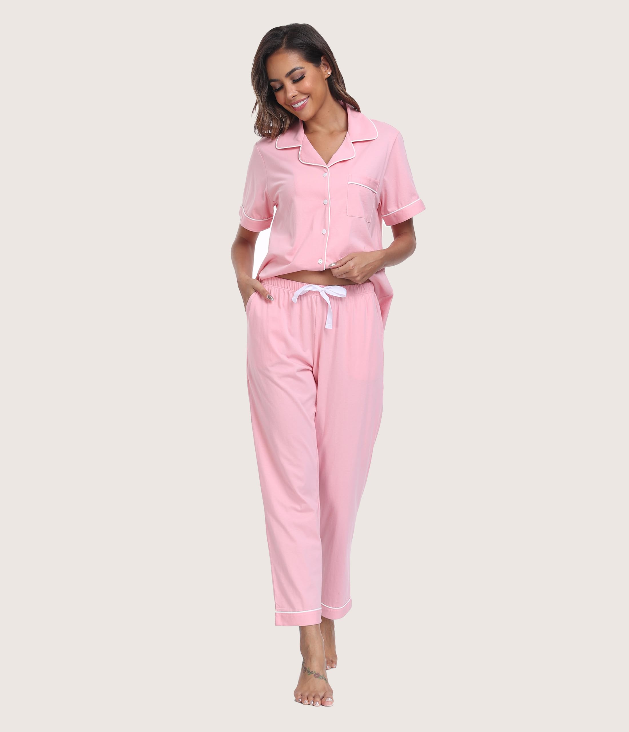 Pijama de algodón 100 % para mujer, camisa de manga corta y pantalones largos, conjunto de pijama de verano cómodo para mujer