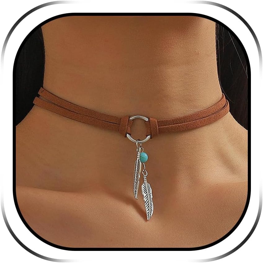 Roe Dolph Boho Necklaces for Women Trendy Western Country Concert Outfits Accessories Brown Suede Choker Necklace Layered Leather Necklaces Boho Western Jewelry Cowboy Cowgirl Outfits Jewelry