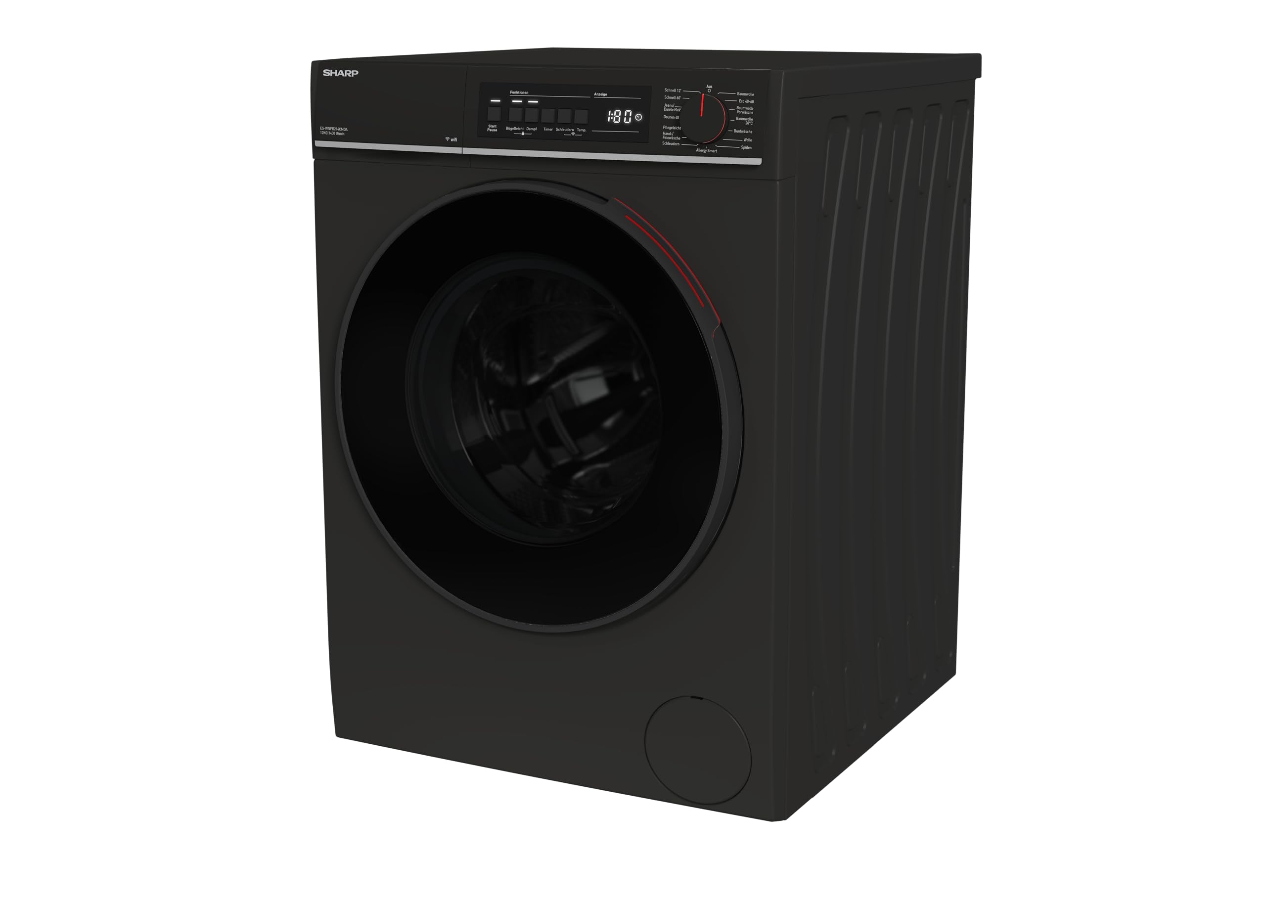 SHARP ES-WNFB214CMDA-DE Waschmaschine (12 kg, EEK A-20%, 1400 U/min.), (WiFi, Inverter Motor, Dampf, AquaStop), Mattschwarz