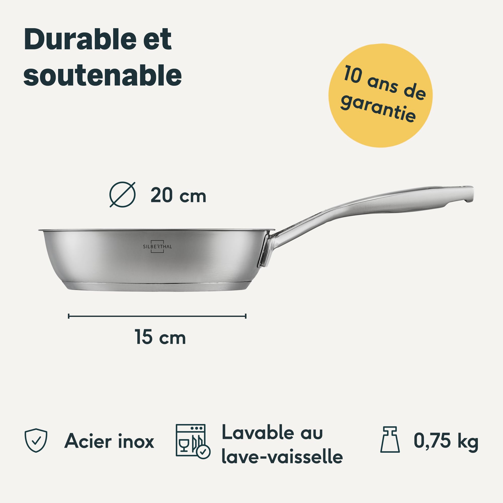 SILBERTHAL Poêle à Frire Inox 24 Cm - Professionnelle Non Revêtue Induction - Passe Au Four