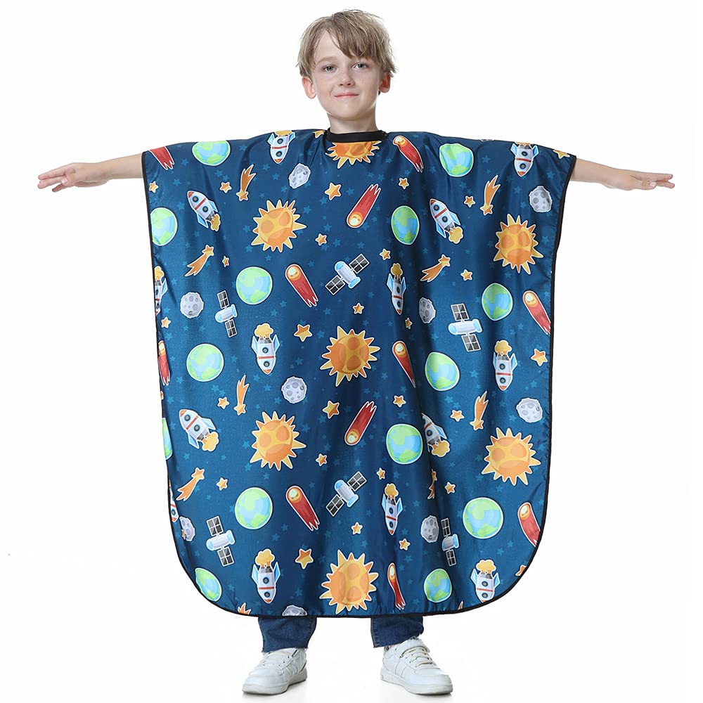 beautifuloveKaHot Haircut Salon Hairdressing Cape for Kids Child Styling Polyester Smock Cover Waterproof Shampoo & Cutting Household Capes with Snap Closure,35''×50'' (Rocket Ship)