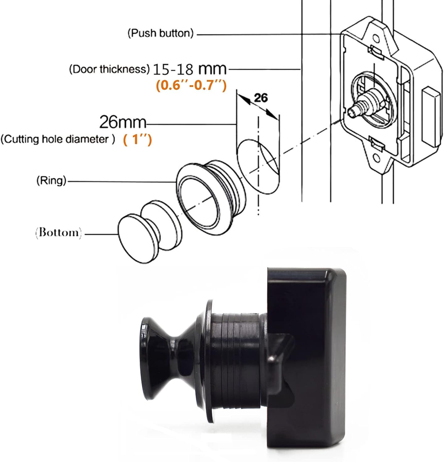5pcs Push Button Cabinet Latch Lock for RV Motorhome Camper Caravan Yachts (ABS)-Black