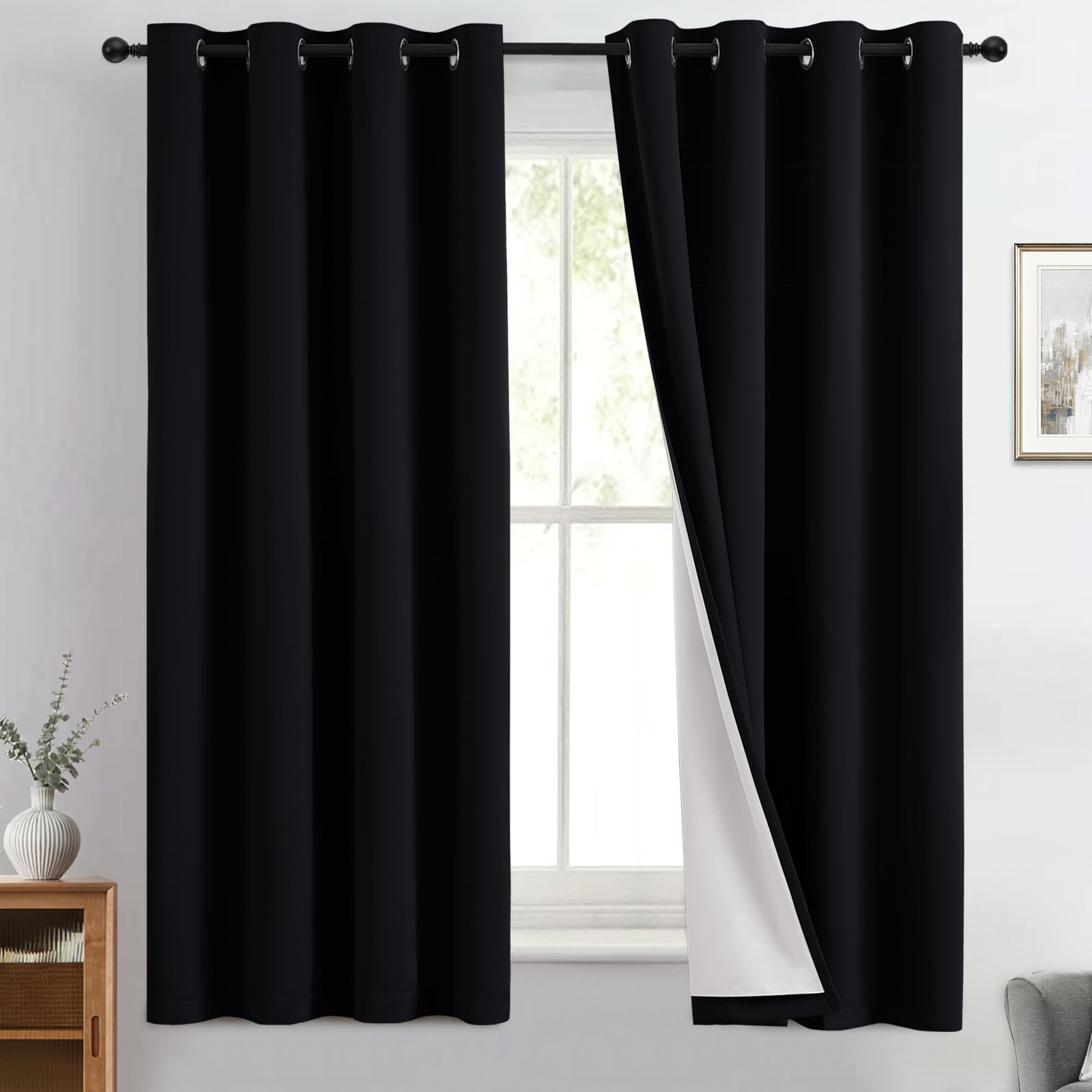 Yakamok Black 100% Blackout Curtains 63 Inches Long for Bedroom 50" Wide — image 1