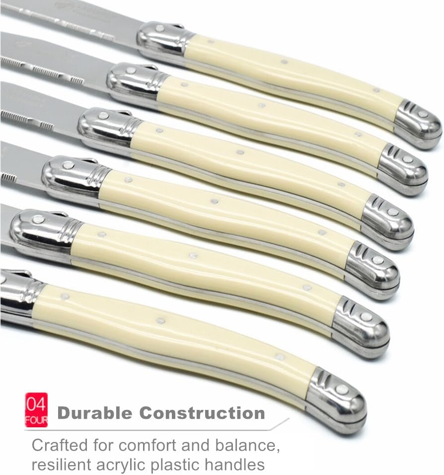 KeepingcooX® Laguiole Steak Knife with Ivory Handle, Serrated Blade, Stainless Steel Dinnerware/Tableware/Flatware/Cutlery Set of 6, Gift Box, Reputable Global Manufacturer with Certificate (GMC)