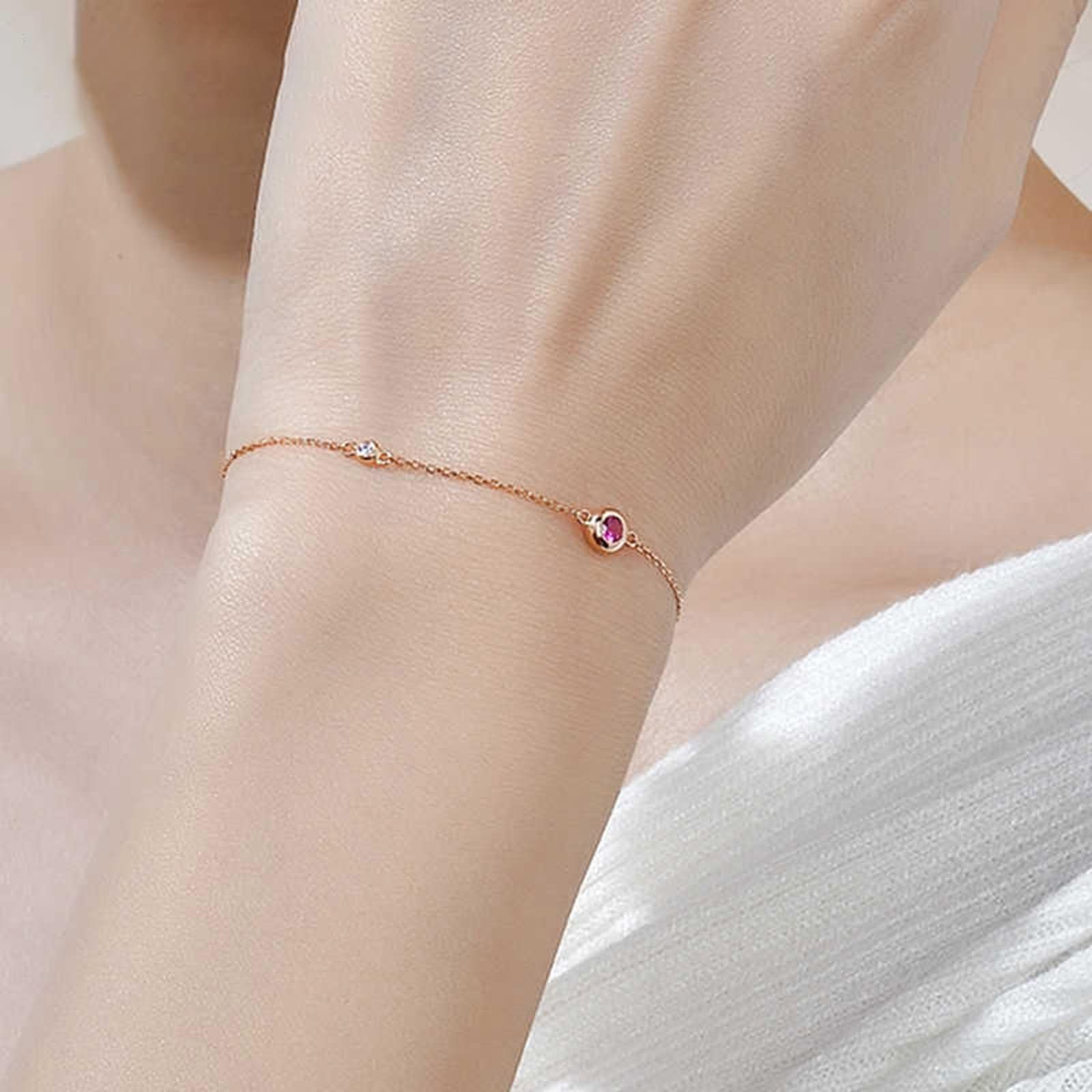 Pulseras Oro Rosa Mujer 9Kilates / 14Kilates / 18Kilates, Redondo con Rubí y Diamante, Cadena Extensible 16 CM + 5 CM, Pulseras Mujer de Oro Rosa