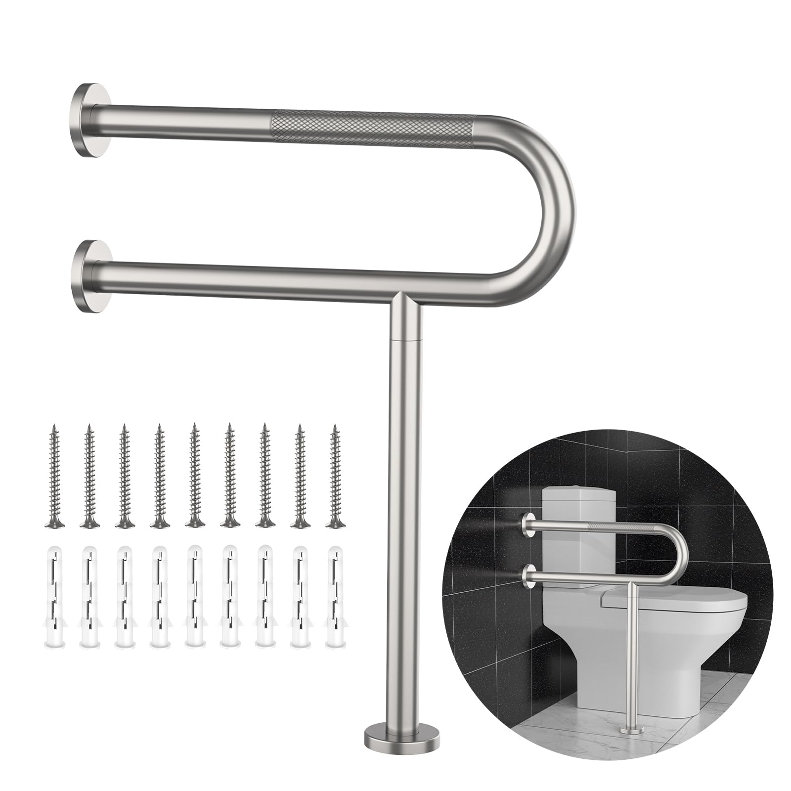Toilet Grab Bar 24 Inch, YuanDe Wall to Floor Brushed Nickel Bathroom Safety Bar w/Anti-Slip Knurled Grip, Stainless Steel Handicap Grab Bar with Leg,