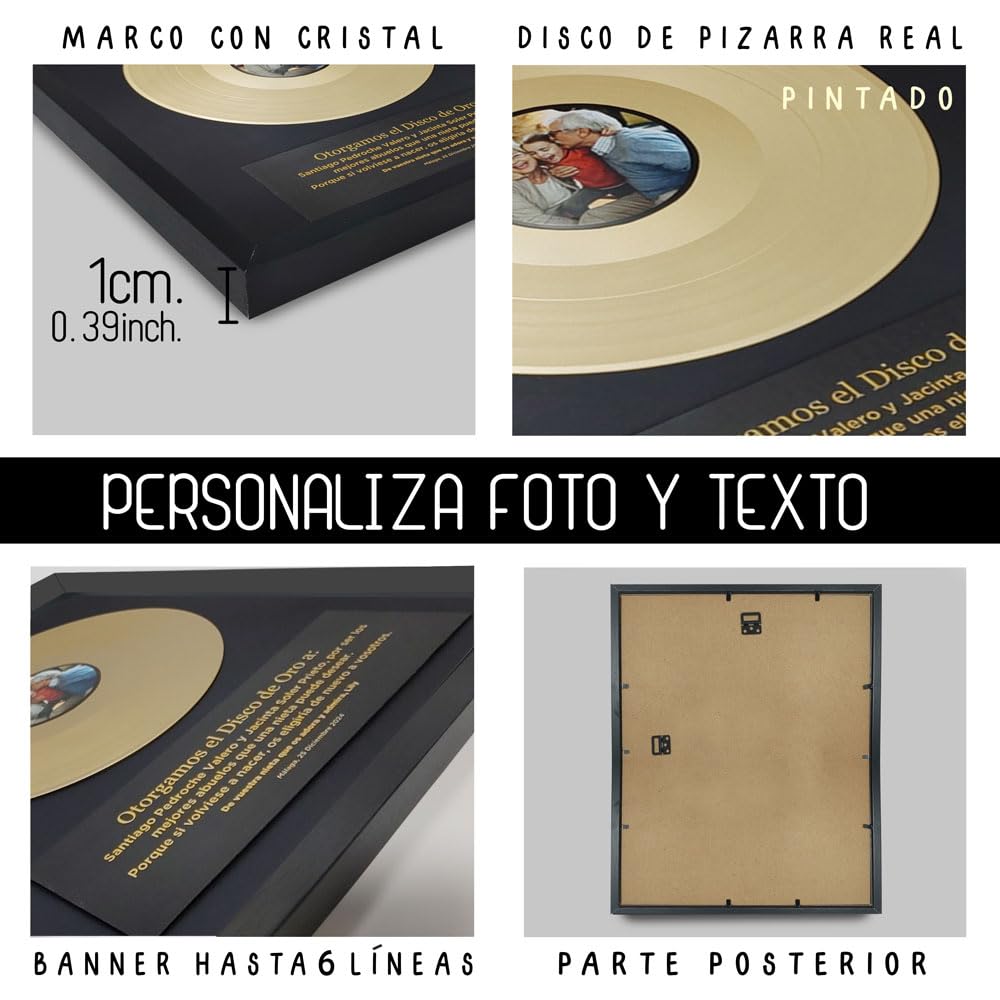 Marco decorativo, regalo original personalizable. Disco de vinilo con foto y mensaje personalizados en cuadro de madera y cristal. Para colgar o colocar (30 x 40 cm. Disco 10" dorado + cartel negro)