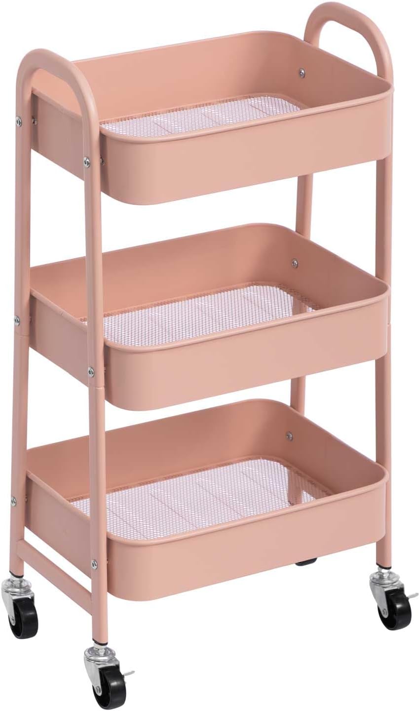 AGTEK 3 Tier Utility Rolling Cart with Lockable Wheels, Metal Multifunctional Storage, Organizer Cart for Kitchen, Office, Living Room, Makeup, Craft, Art Studio, Millennial Pink