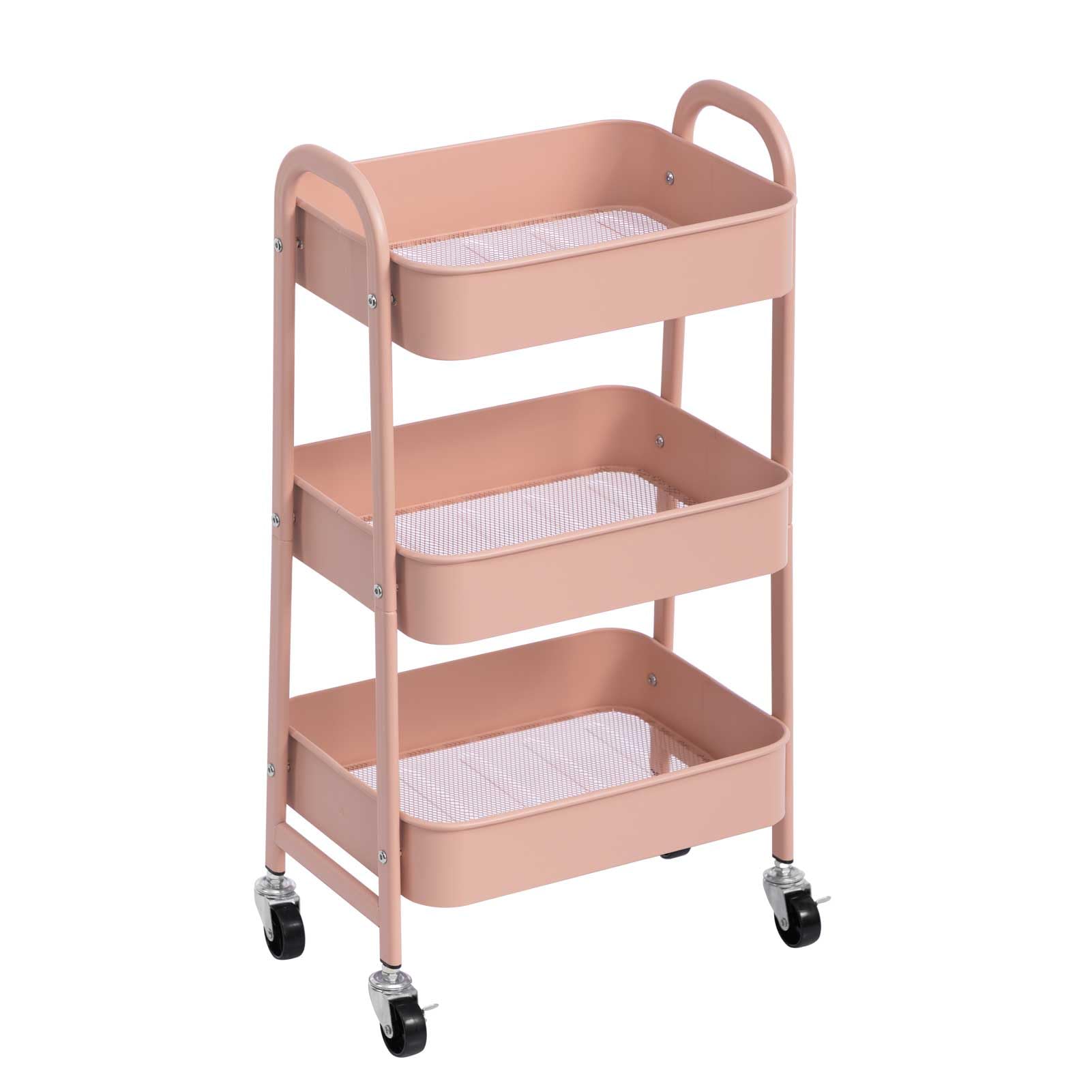 AGTEK 3 Tier Utility Rolling Cart with Lockable Wheels, Metal Multifunctional Storage, Organizer Cart for Kitchen, Office, Living Room, Makeup, Craft, Art Studio, Millennial Pink