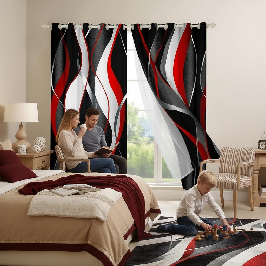 Cortinas Rojas y Grises Negras con patrón geométrico en Espiral, Cortinas de Ventana para niños y niñas, tratamientos de Ventana de 46 x 72 Pulgadas de Ancho