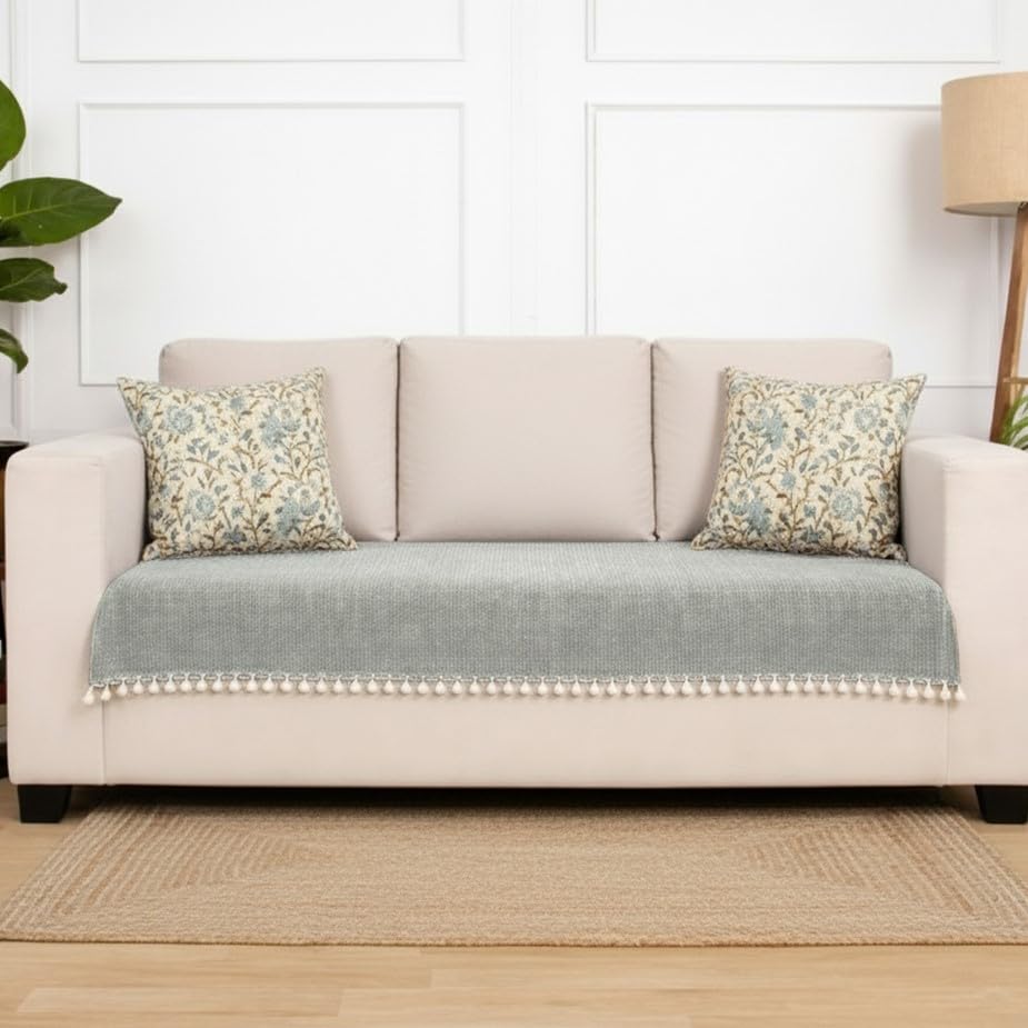 Image of HOMEMONDE 3 Seater Sofa Cover with Tassels |Soft, Durable & Textured Chenille Fabric with Tassels | Sofa Cover Mats for Living Room, Bedroom, Drawing Room & Office (76 X 178 CM, Silver Grey)
