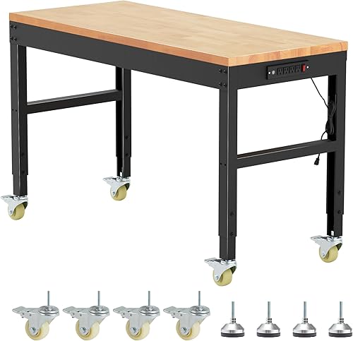 Miniatura 9 de AHB Banco de trabajo de 48 pulgadas de altura ajustable, mesa de trabajo de madera maciza con tomas de corriente, máximo 2000 libras, estación de