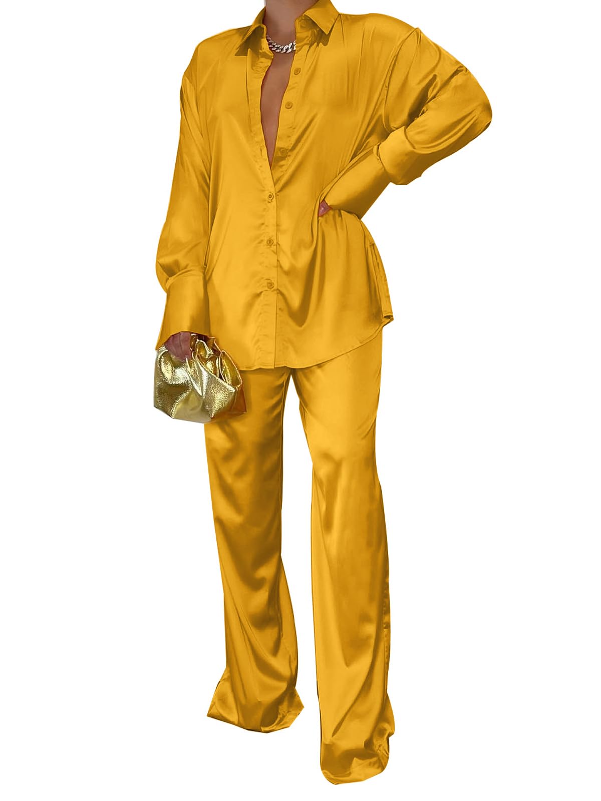GTMRINJNWomens Silk Satin 2 Piece Outfit Long Sleeve Lapel Button Down Tops Wide Leg Palazzo Loungewear Pajama Set