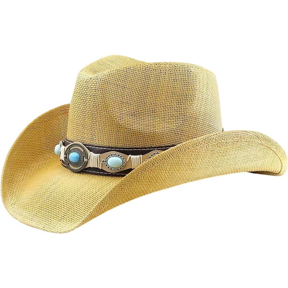 Sslvya Vintage Straw Cowboy Hat with Decorated Bands Summer Wide Brim Western Style Hat Cowgirl Cap for Cowboy Party