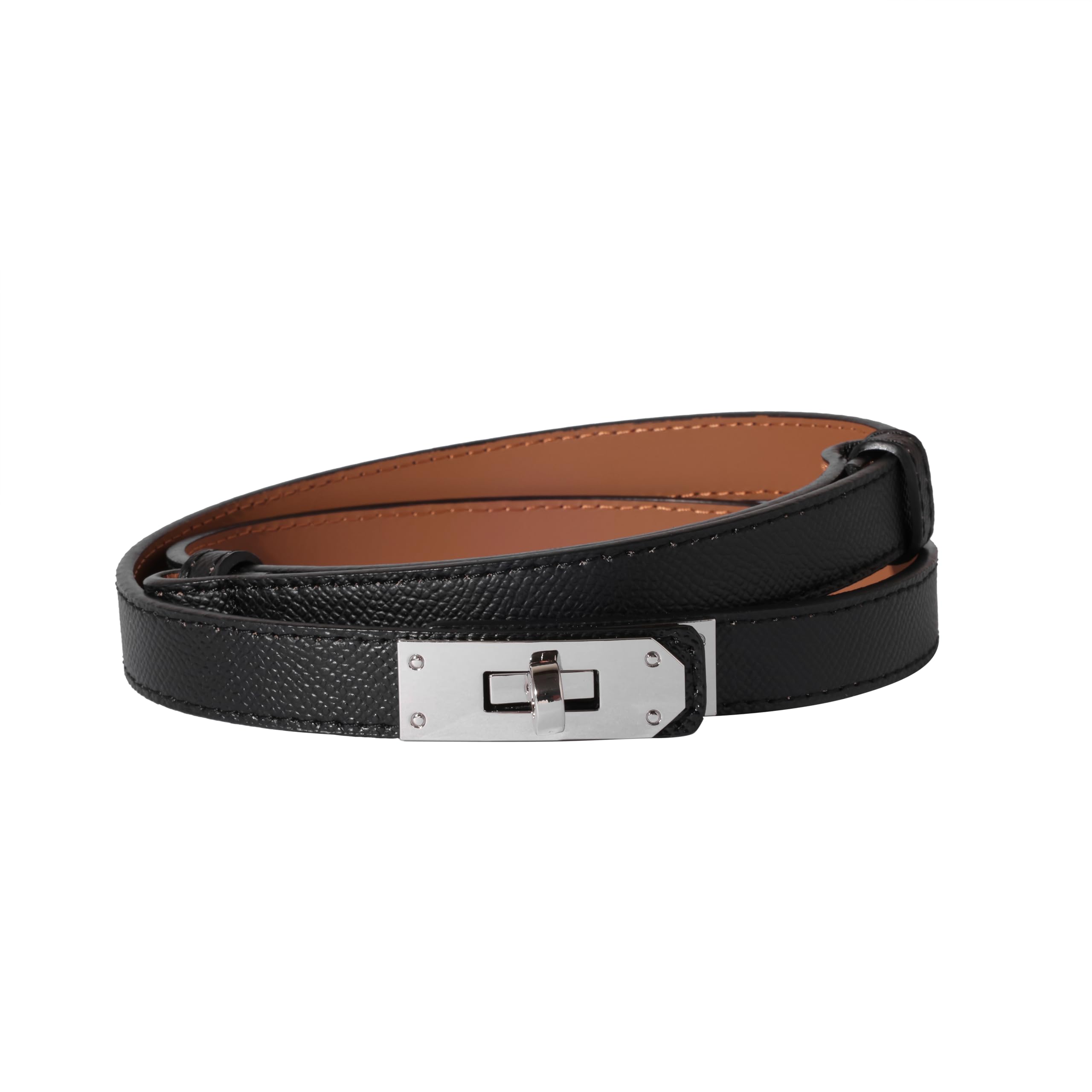 Ovekaut Women Skinny Leather Belt Solid Color Alloy Turn Lock Adjustable Waistband for Dresses Jeans Coats, Black / Silver, Adjustable
