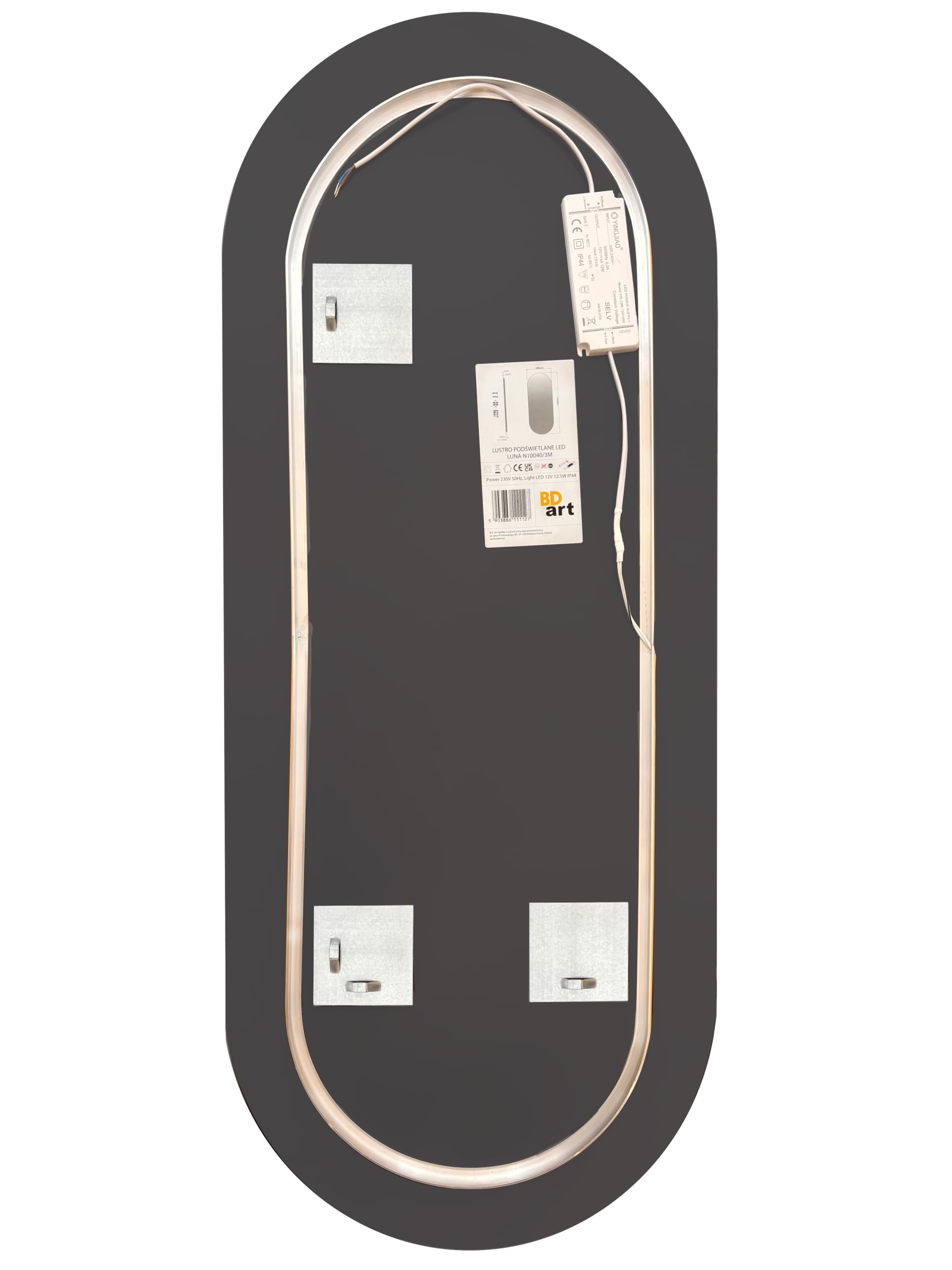 BD ART - Specchio da parete - da bagno - Ovale 100x40 cm - con illuminazione a LED - Luce bianca calda 3600K, IP44 - Specchio grande - a figura intera - da parete per bagno - Cornice in alluminio