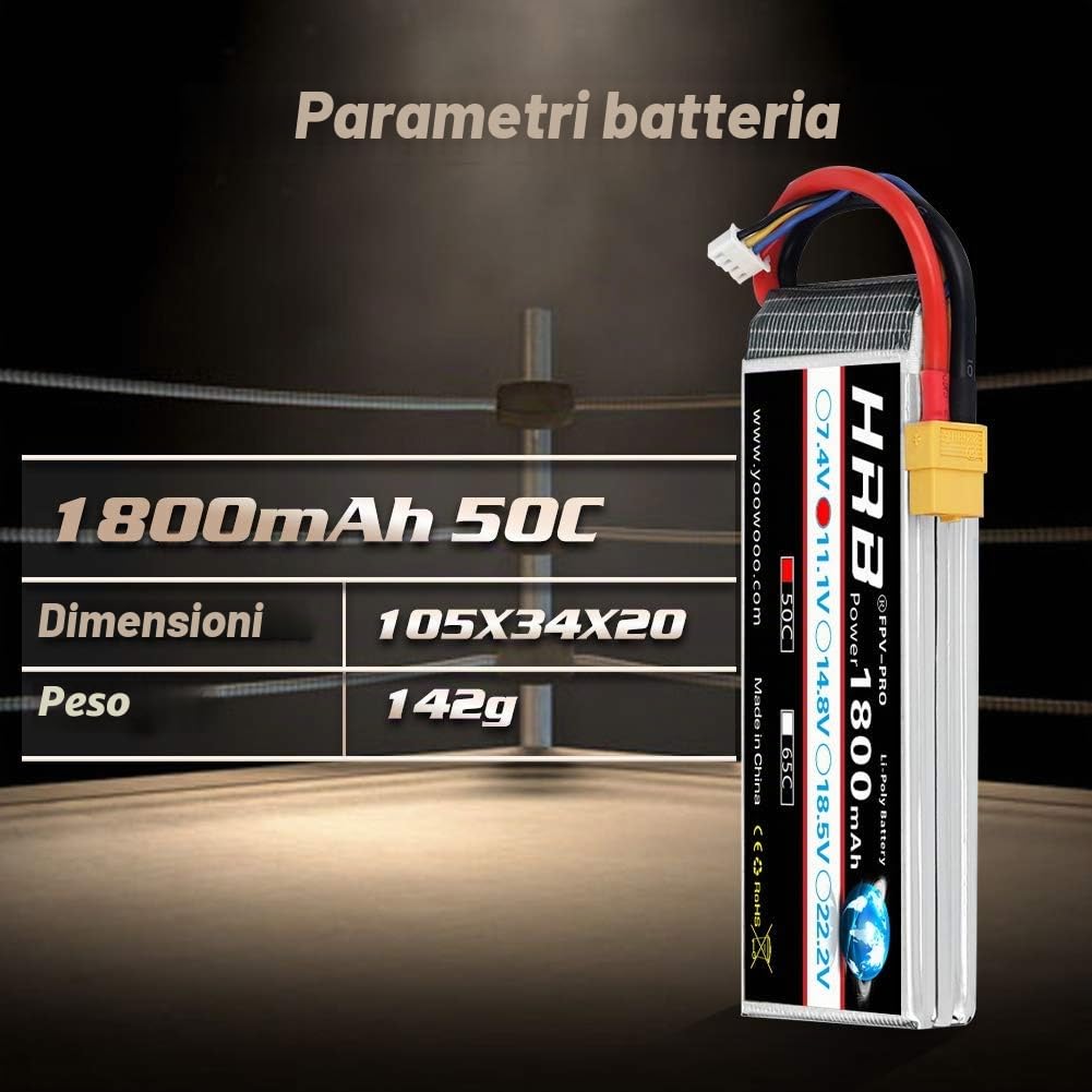 HRB 2packs 11.1V 1800mAh 3S 50C LiPo Battery Pack con XT60 Plug per Skylark M4-FPV250 Mini Shredder 200 INDY250 PLUS MOJO 280 QAV250 Vortex Emax Nighthawk 250 RC Heli Airplane UAV Drone FPV