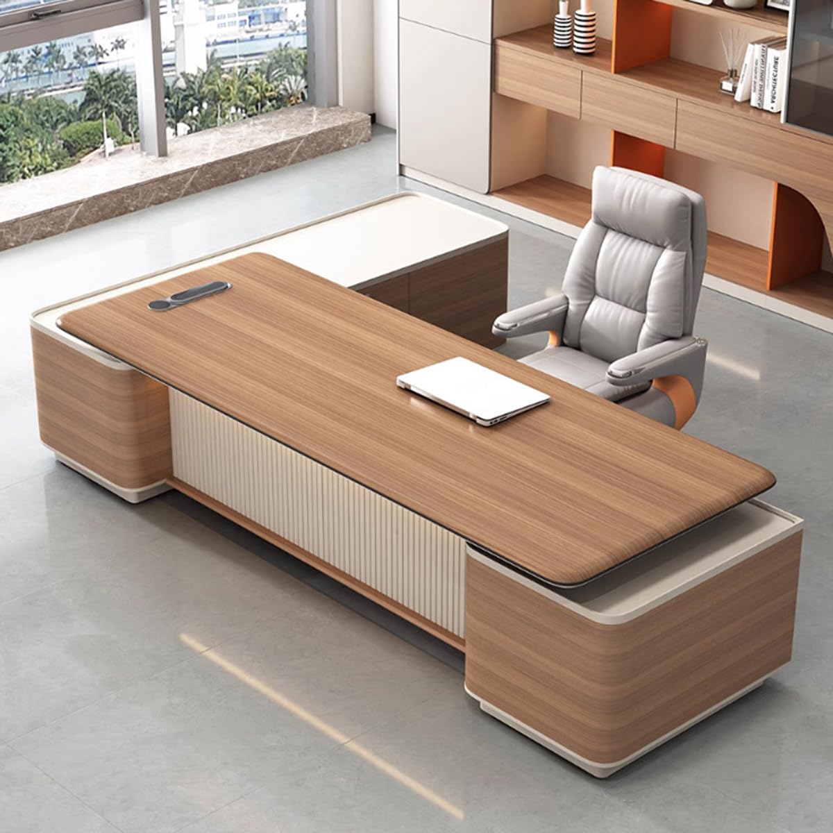 DUWEIKE Executive Desk, 94'' Large Office Desk with Power Outlet & Storage Shelves, Modern Aesthetic Computer Desks Wood Writing Table Workstation