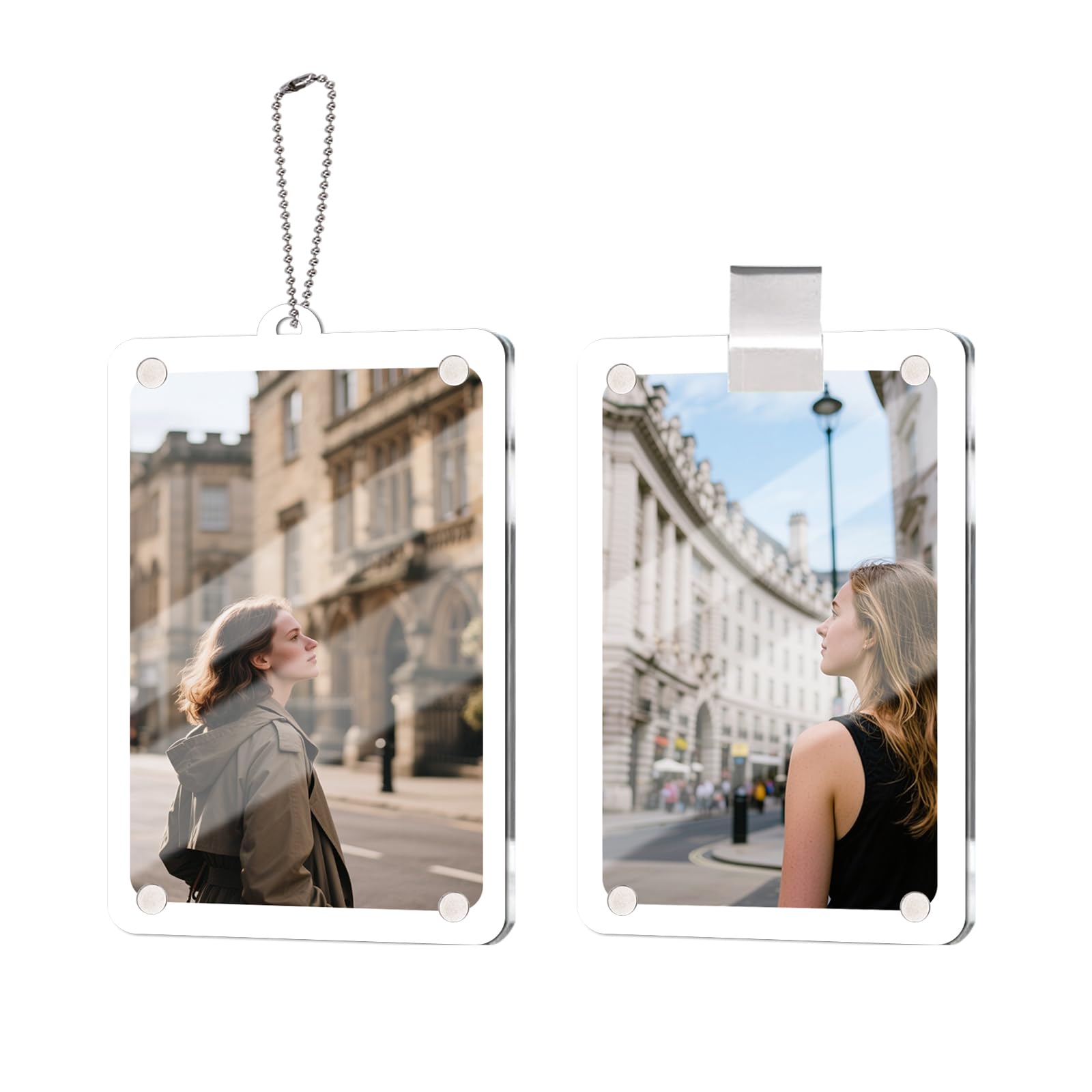 2szt Ramka na Zdjęcia Samochodowe z Łańcuszkiem i Klipsem, 9x6cm Uchwyt Zdjęcia Samochodowe Personalizowana Zawieszka na Lusterko Wsteczne do Zdjęć dla Par