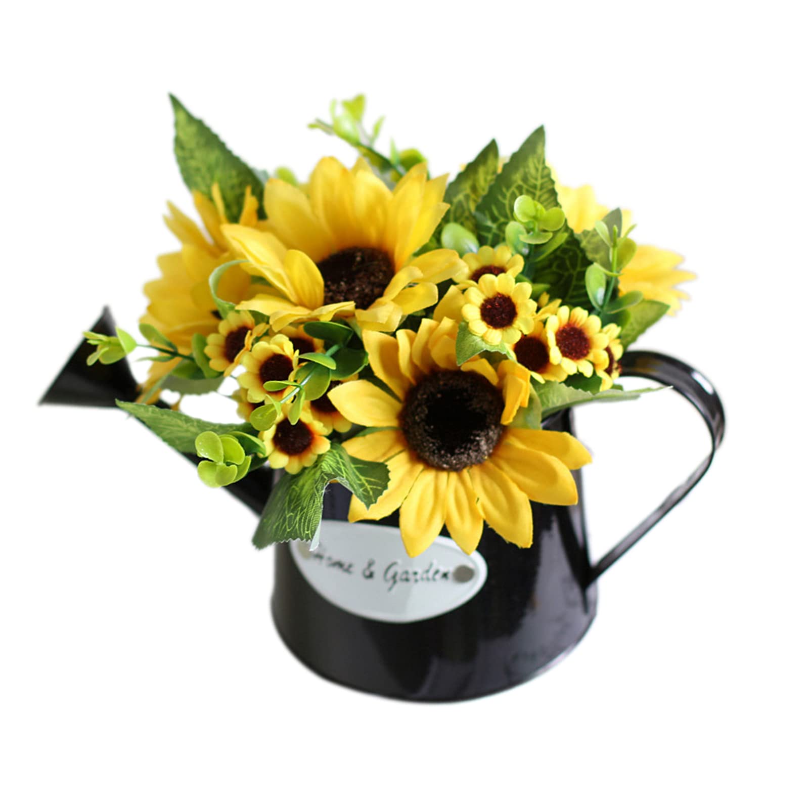 ZHDOKA Artificial Flower Daisy Pot Potted, Plants Sunflower Black Kettle Pot, Silk Artificial Flower Daisy Metal Pot Bonsai, Fake Bonsai Plants Bouquet with Vase for Garden Wedding Centerpieces Decor