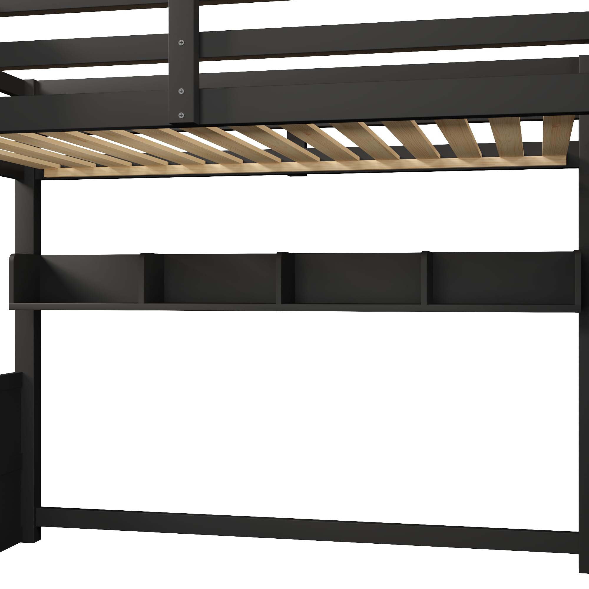 Zepneiy Letto Mezzanine in Legno 90x200 cm con Illuminazione a LED, Letto Mezzanine Singolo con Armadi, Spazio di Archiviazione e Scala di Archiviazione, Letto con Rete a Doghe, Nero (Materasso Non