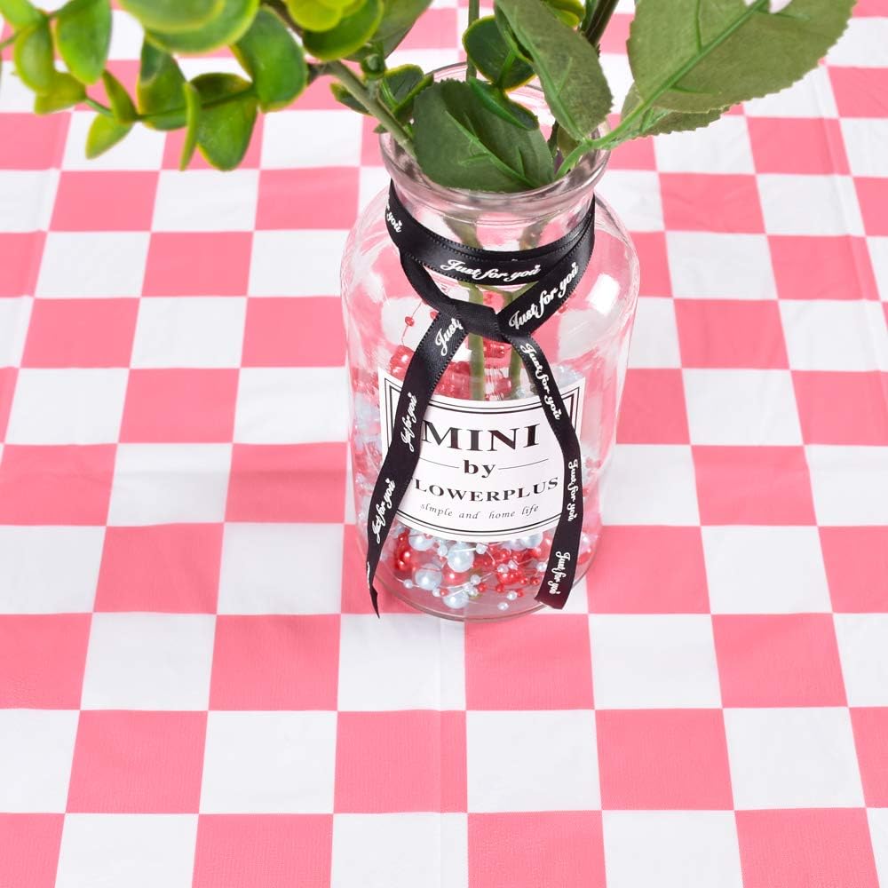 TONIFUL 3 Pack Pink Checkered Gingham Plastic Tablecloth 54”x108”Inch Rectangle Table Cover Washable Polyester Tablecloth for Picnic Party Holiday Dinner