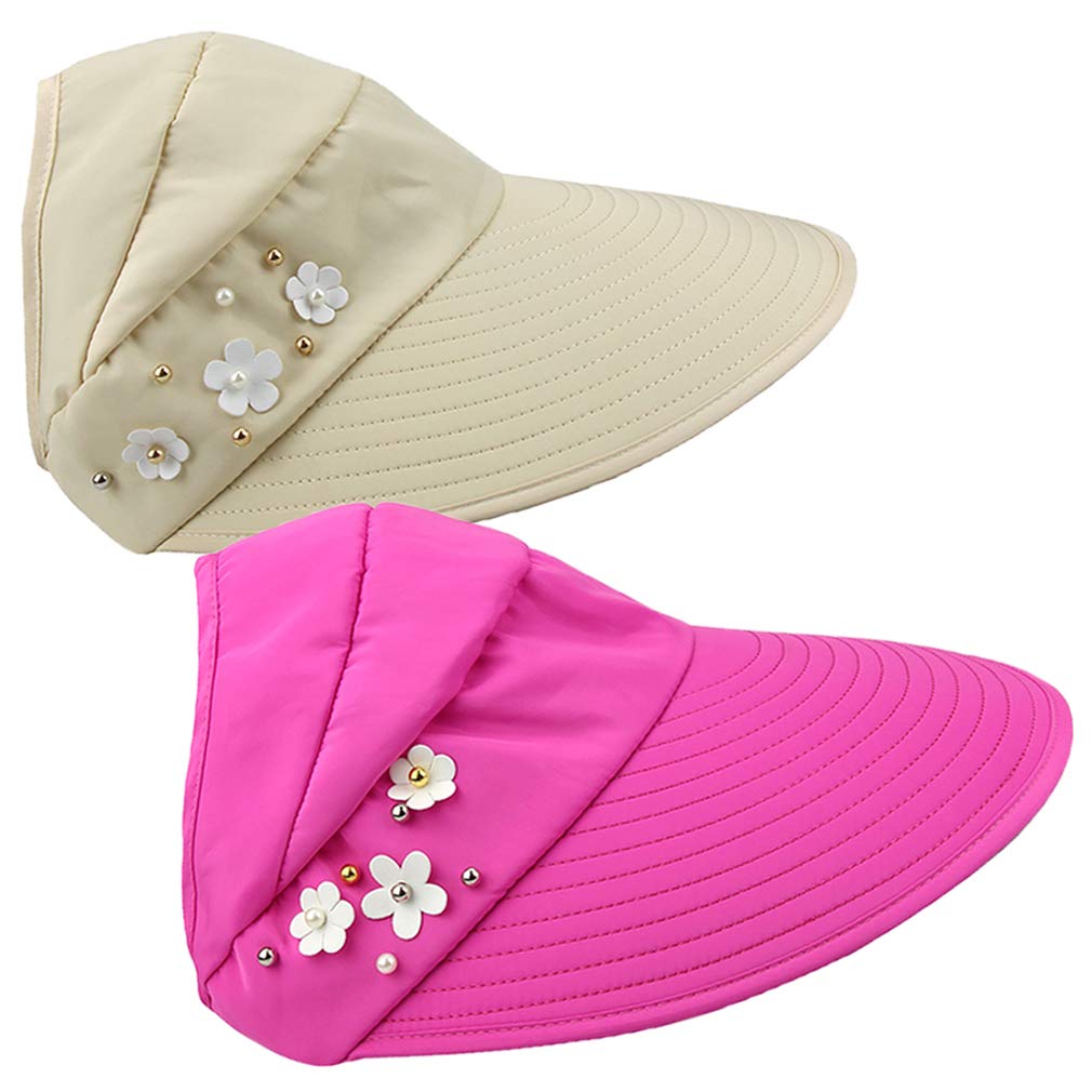 Culer Women's Beige & Rosy 2Pcs Topless Wide Brim Visor Cap Summer Sun Hat Adjustable Pearl Foldable Sun Visor Hat Big Beach Hat (Beige & Rose Red)