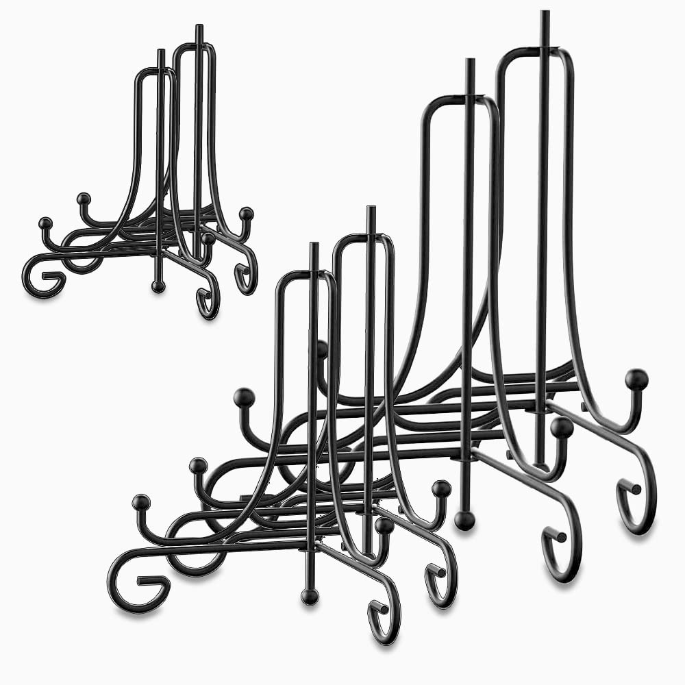 BamLue 6 Pack 3 Sizes Iron Display Stand, Black Wire Iron Easel Plate Holder Dish Stand for Displaying Pictures, Decoration Plates, Books Dishes and Arts (4, 6, 8 inch)