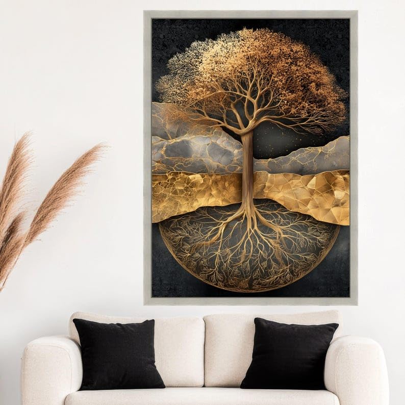 Toile Arbre de Vie Doré TONGYINLI 70x100cm design abstrait nature moderne sans cadre pour salon