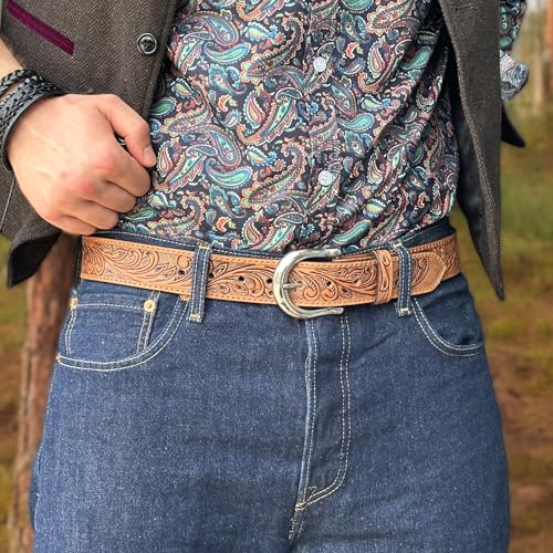 DANIEL'S ARTPLANET Western Leather Belt for Men Full Grain One Piece Leather Belt with Buckle Handmade Engraved Tooled 1.5”2